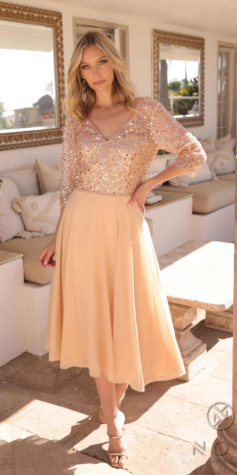 Nox Anabel MF104 Tea Length Sequin Bodice Short 3/4 Sleeve Dress by DiscountDressShop