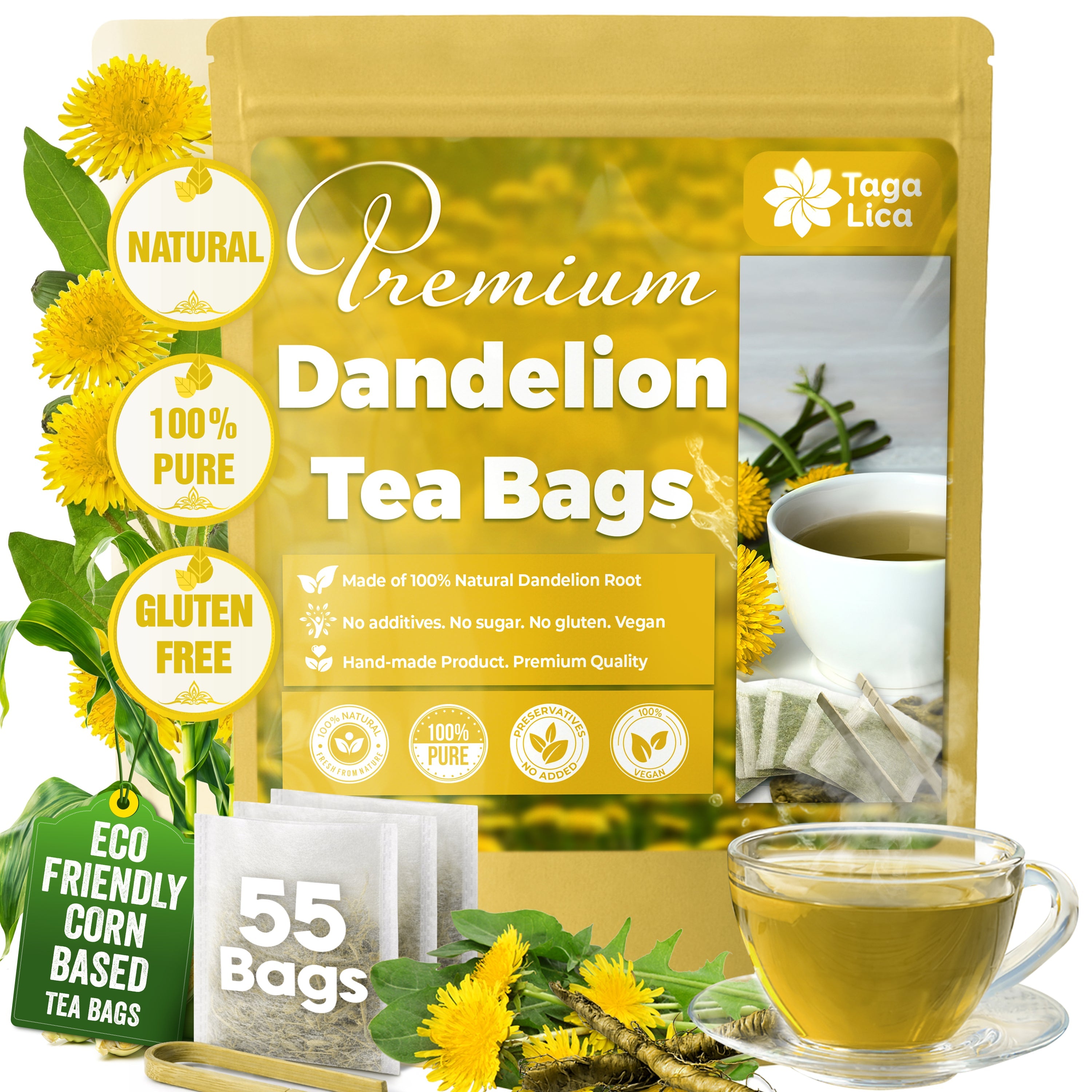 Dandelion Root Tea Bags, 100% Natural & Pure from Dandelion Root, Eco-Conscious Tea Bags, Dandelion Root Herbal Tea. Dandelion Root Tea. No Sugar, No Caffeine, No Gluten, Vegan. by FreshDrinkUS - Natural and Premium Herbal Tea