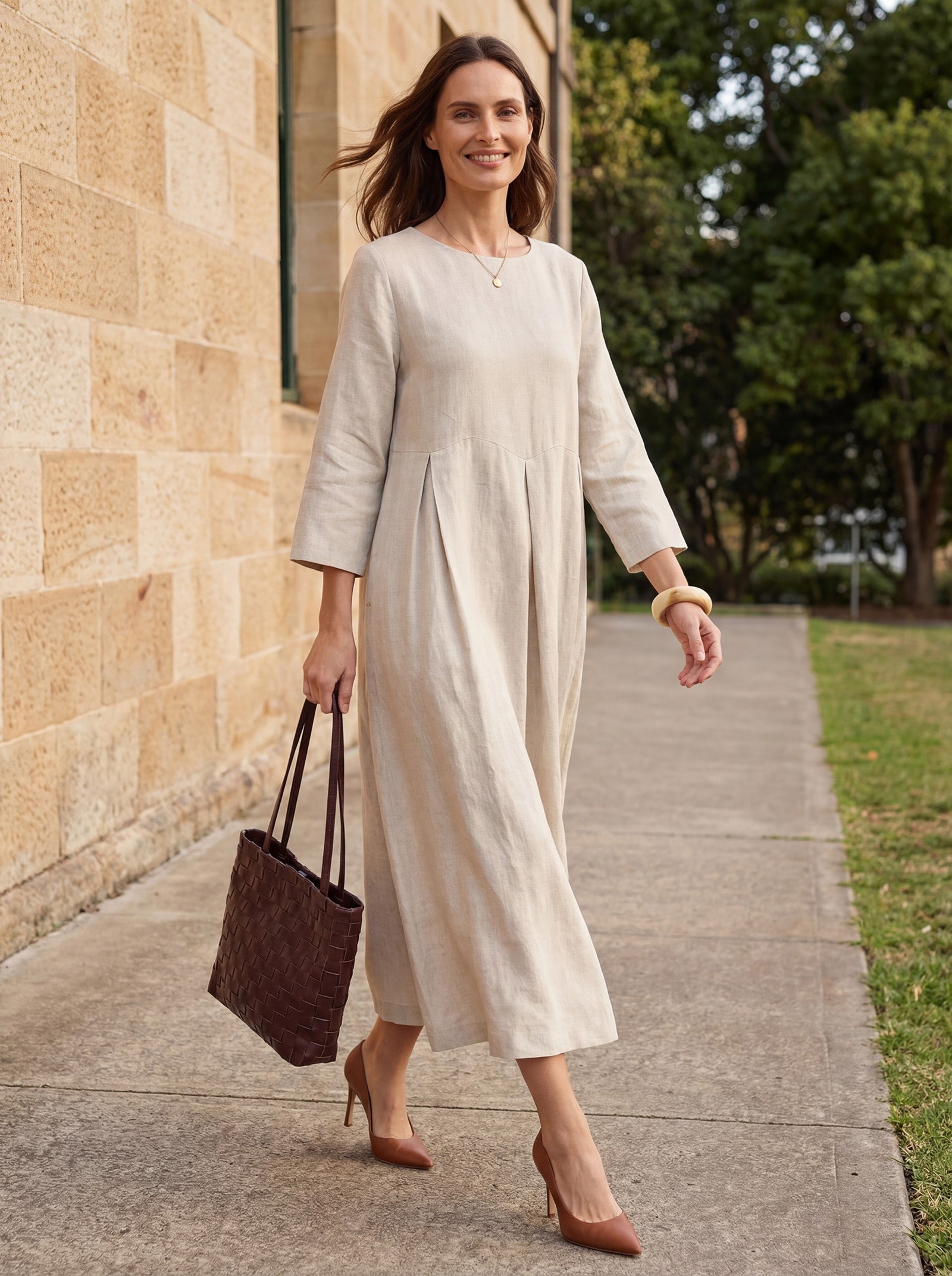 100% Linen Bateau Neck Pleated Midi Dress ABIGAIL by LINTICO