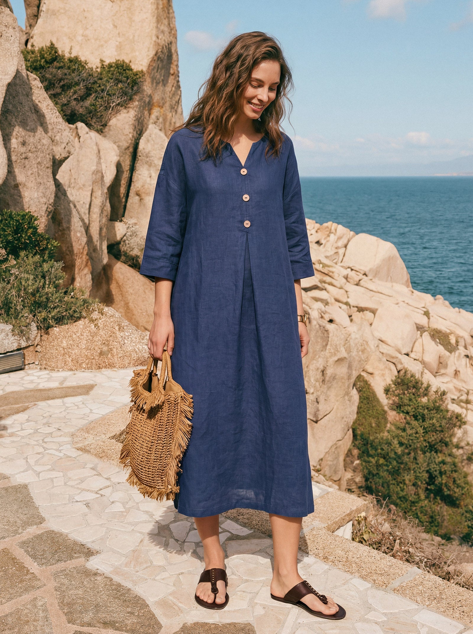 100% Linen Notch Neck Inverted Pleat Midi Dress MATILDE by LINTICO