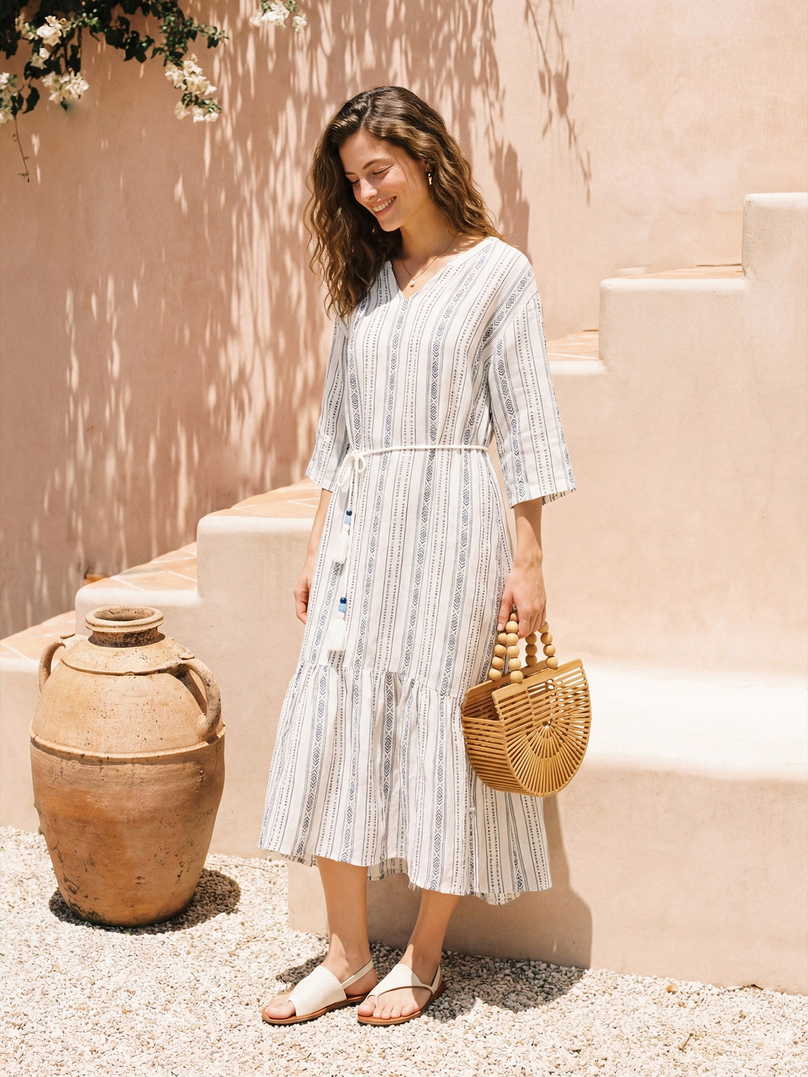 Linen Tribal Stripe Split Neck Bohemian Ruffle Midi Dress with Woven Belt and Slip MARLOWE by LINTICO