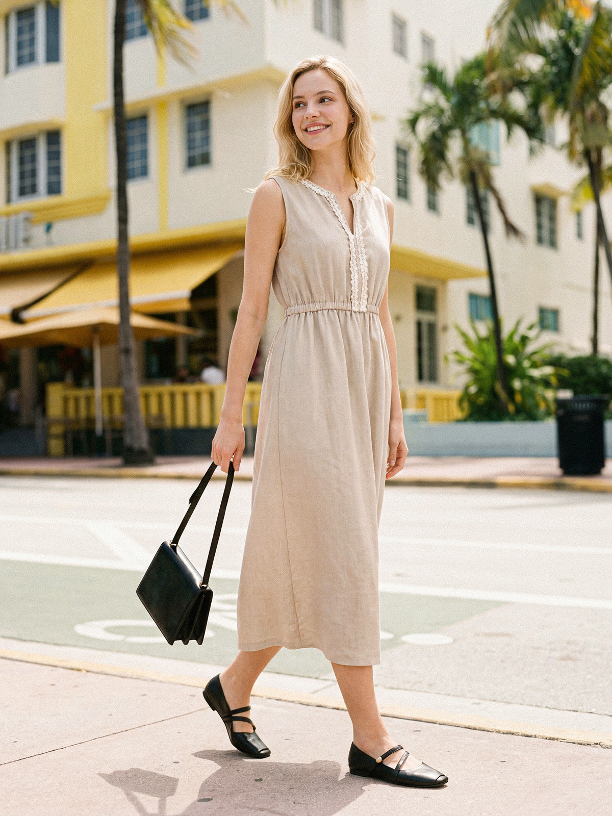 100% Linen Ruffle Trim Elasticated Waist Sleeveless Midi Dress LUCINDA by LINTICO