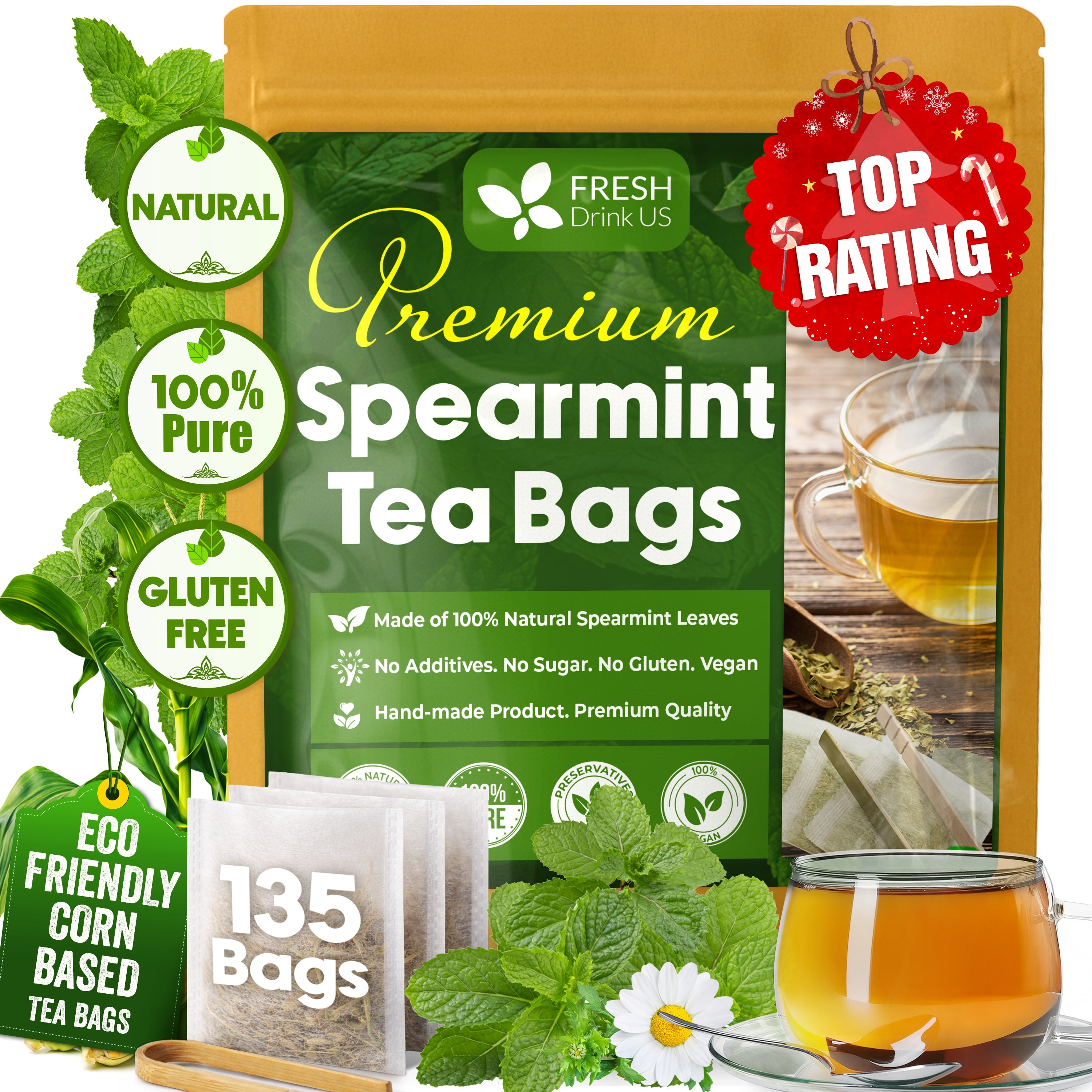 Spearmint Tea Bags, 100% Natural & Pure Spearmint Leaves. Loose Leaf Spearmint Herbal Tea. Spearmint Leaf Tea. No Sugar, No Caffeine, No Gluten, Vegan. by FreshDrinkUS - Natural and Premium Herbal Tea