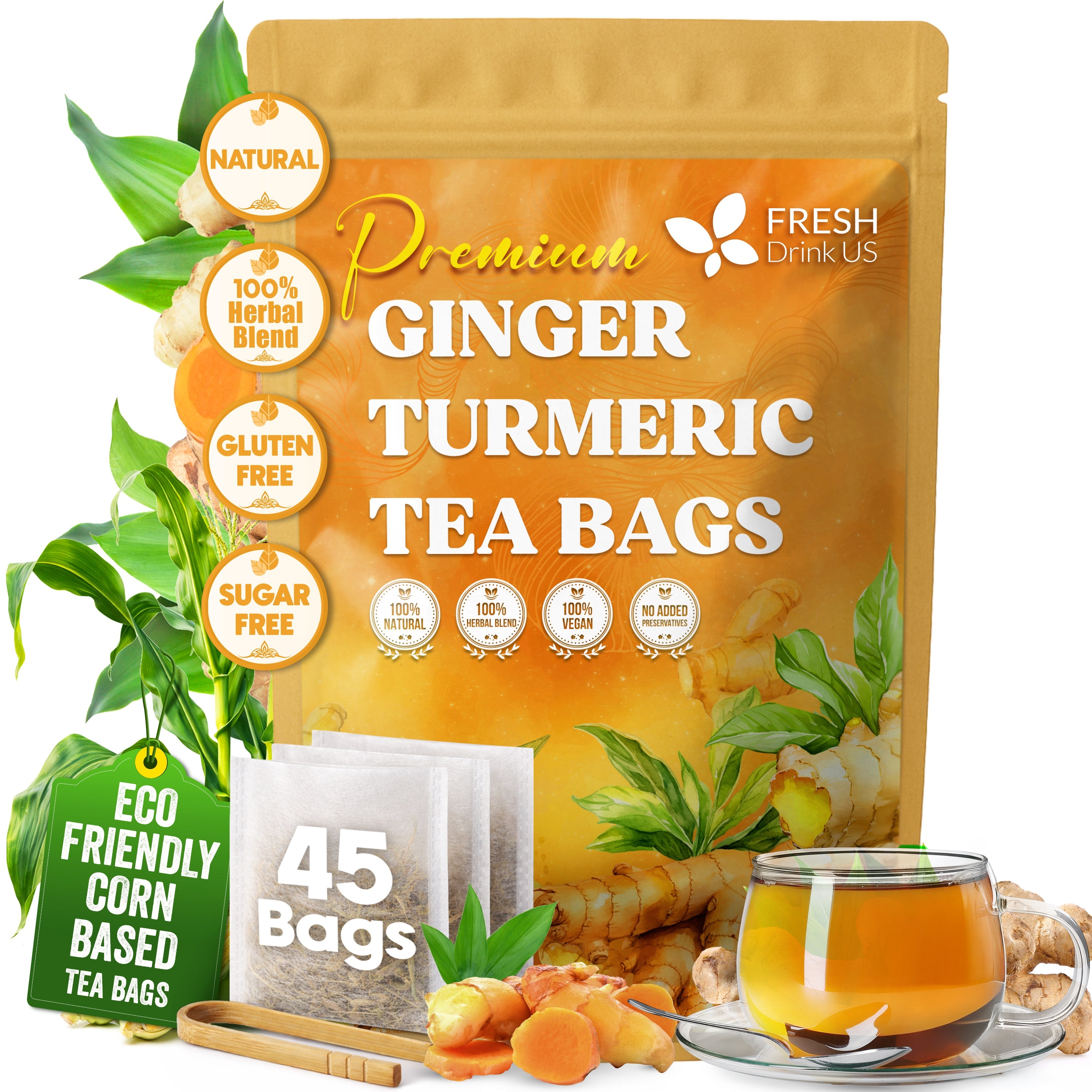 Premium Ginger Turmeric Tea Bags, Hand-made Blend of Ginger and Turmeric Herbal Tea, Eco-conscious Tea Bags. No Sugar, No Caffeine, No Gluten, Vegan. by FreshDrinkUS - Natural and Premium Herbal Tea