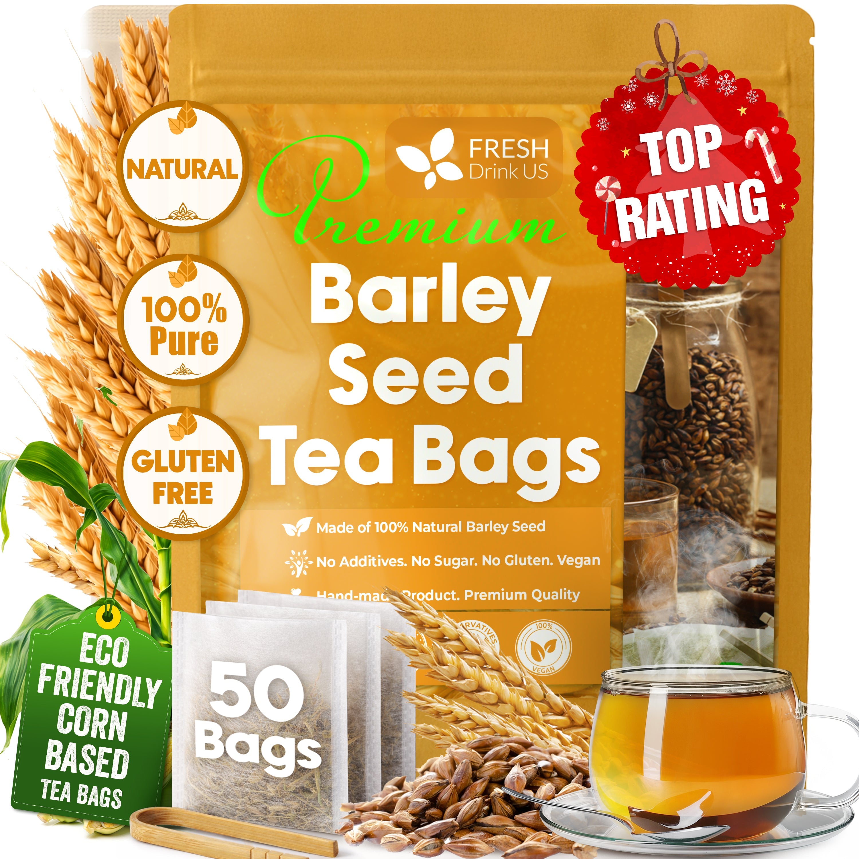 Premium Barley Tea Bags, 100% Natural & Pure from Barley. Loose Barey Herbal Tea. No Sugar, No Caffeine, No Gluten, Vegan. by FreshDrinkUS - Natural and Premium Herbal Tea
