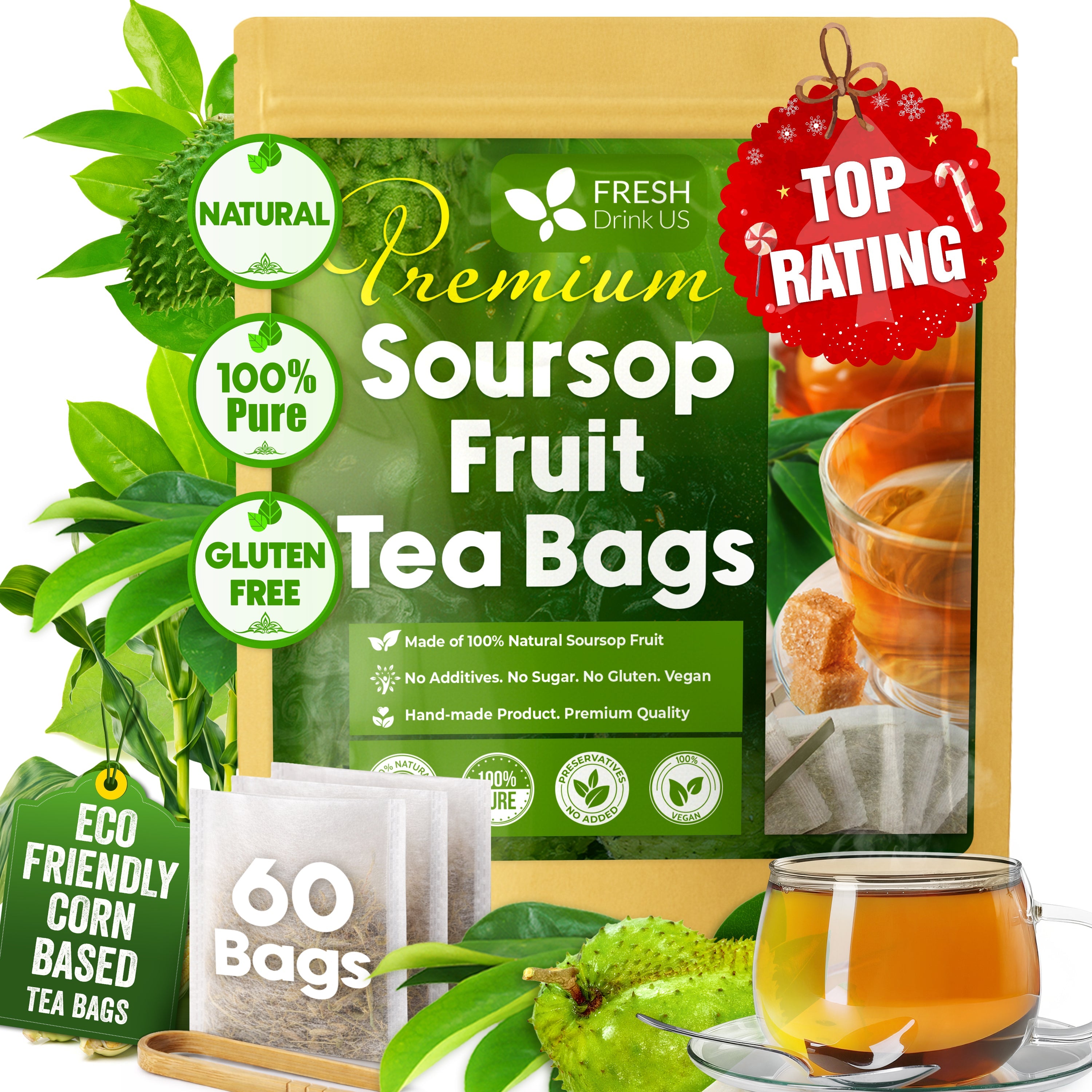 Premium Soursop Graviola Fruit Tea Bags, Tea Powder, 100% Natural and Pure from Soursop Fruits, Handmade, Made With Natural Materials-Corn Fiber Tea Bag, Sugar/Caffeine/Gluten Free, Hoja Guanabana Tea by FreshDrinkUS - Natural and Premium Herbal Tea