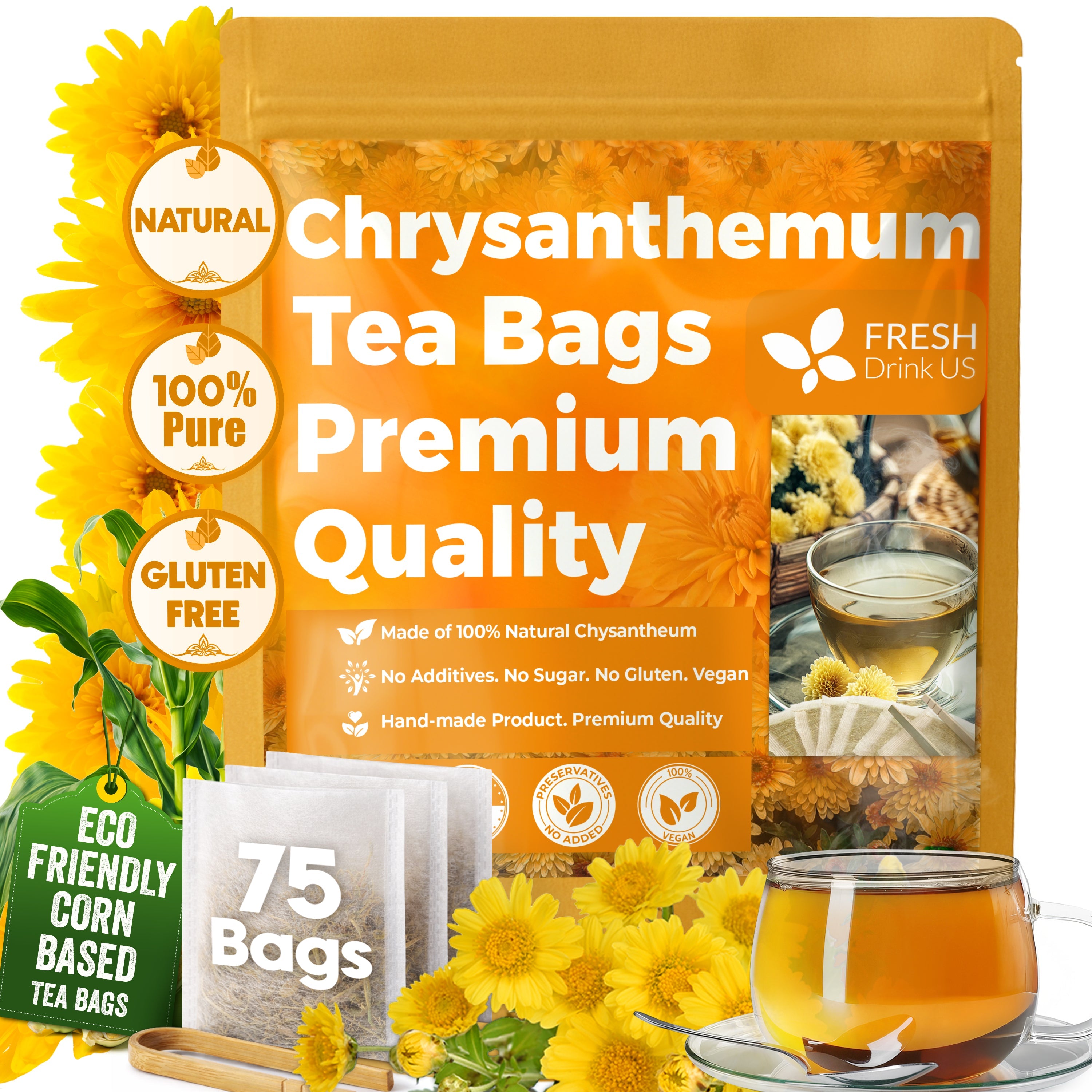 Premium Chrysanthemum Flower Tea Bags. Chrysanthemum Flower Herbal Tea. No Sugar, No Caffeine, No Gluten, Vegan. by FreshDrinkUS - Natural and Premium Herbal Tea