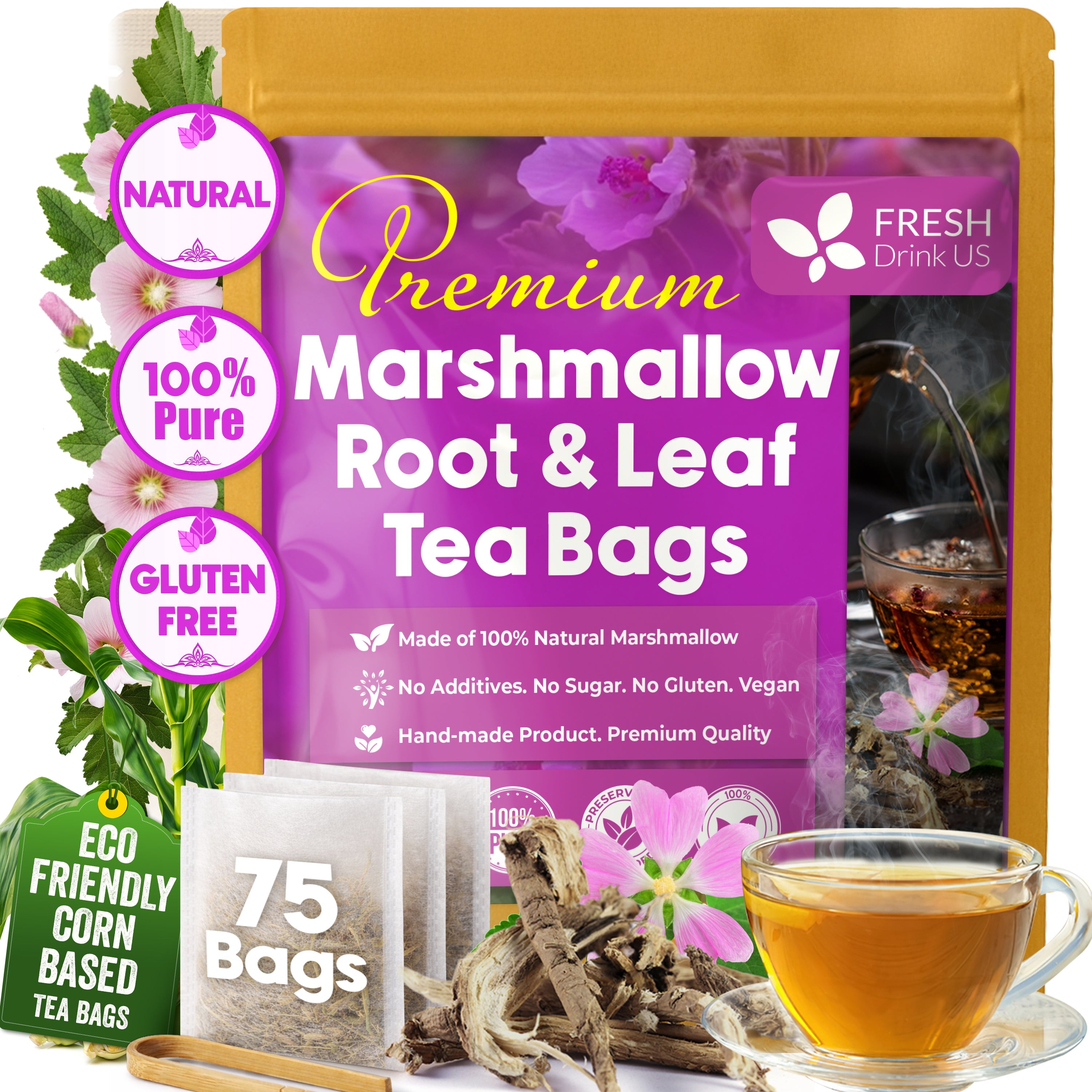Premium Marshmallow Root and Leaf Tea Bags, 100% Natural & Pure. by FreshDrinkUS - Natural and Premium Herbal Tea