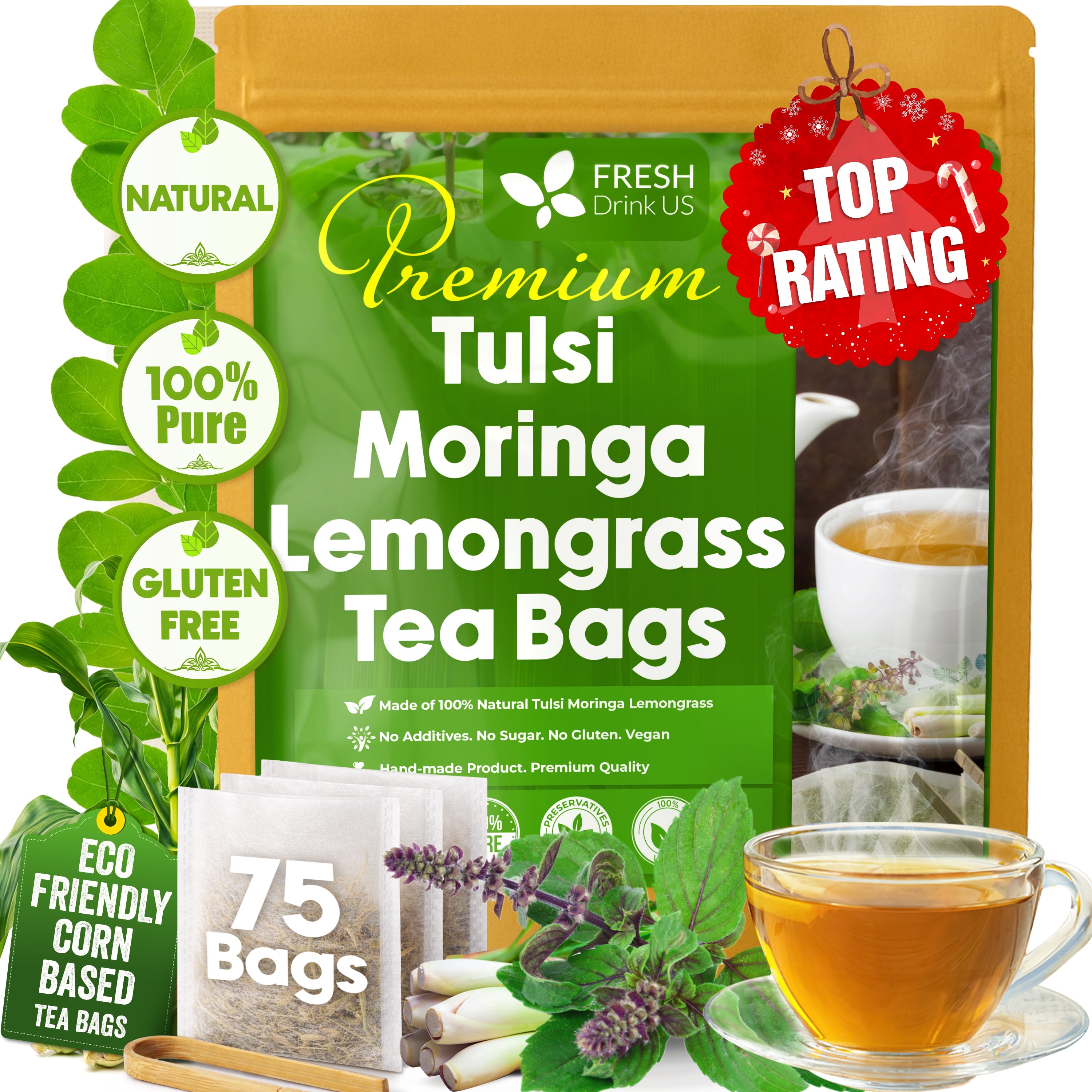 Premium Tulsi Moringa Lemongrass Tea Bags, 100% Natural & Pure from Tulsi Holy Basil Leaves, Moringa & Lemongrass. by FreshDrinkUS - Natural and Premium Herbal Tea