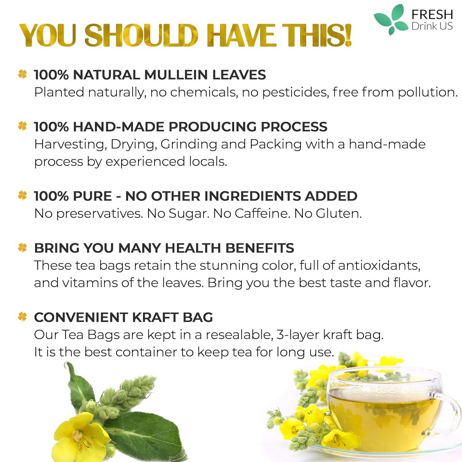 Mullein Leaf Tea Bags, 100% Natural & Pure from Mullein Leaves. Loose Leaf Mullein Herbal Tea. Made with Natural Material Tea Bags. No Sugar, No Caffeine, No Gluten, Vegan. by FreshDrinkUS - Natural and Premium Herbal Tea