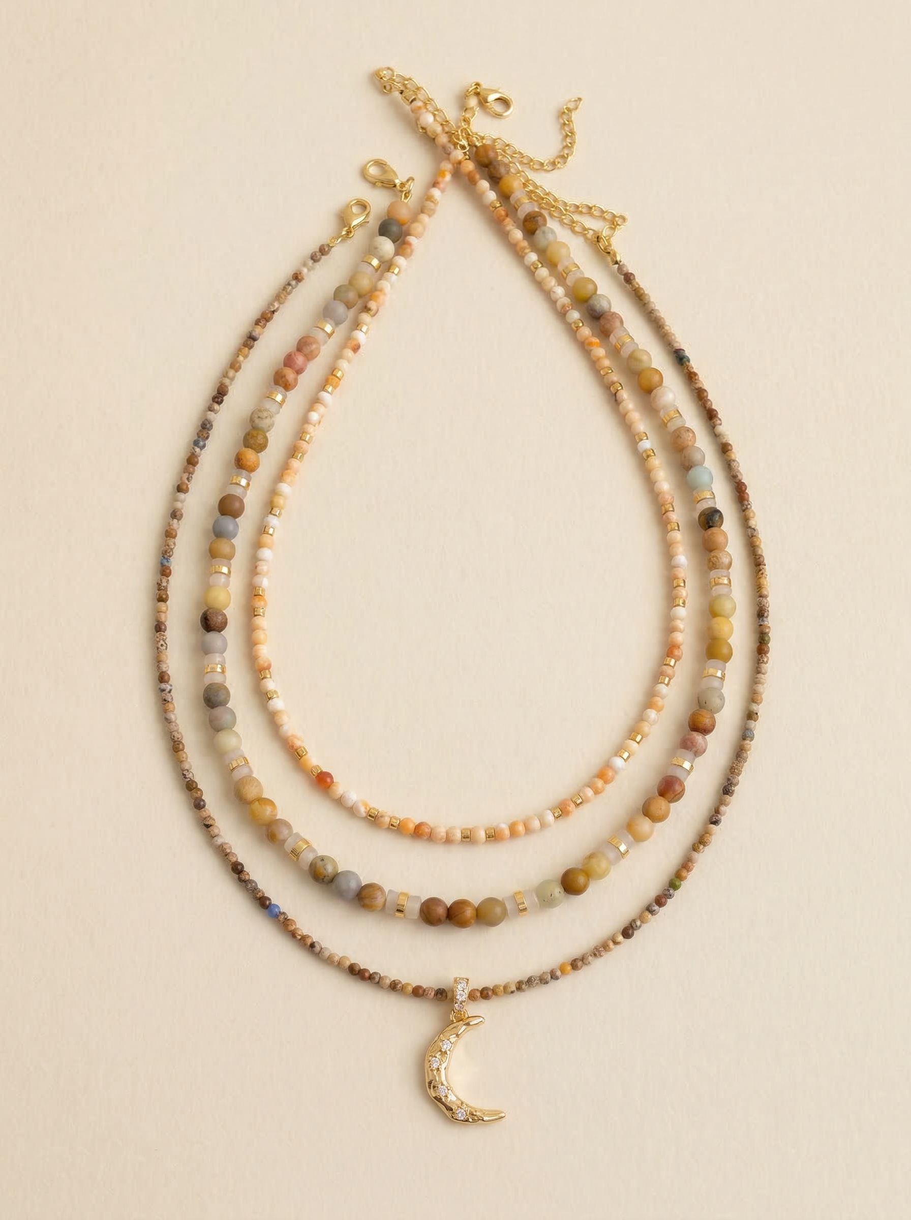 Handmade Natural Stone Beaded Necklace with Moon Pendant by LINTICO