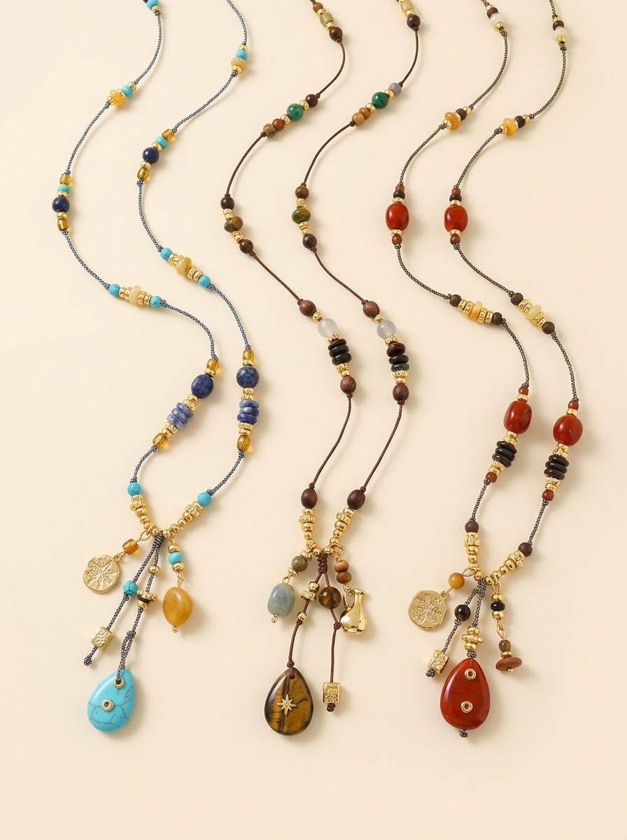 Natural Stone Beaded Long Necklace by LINTICO