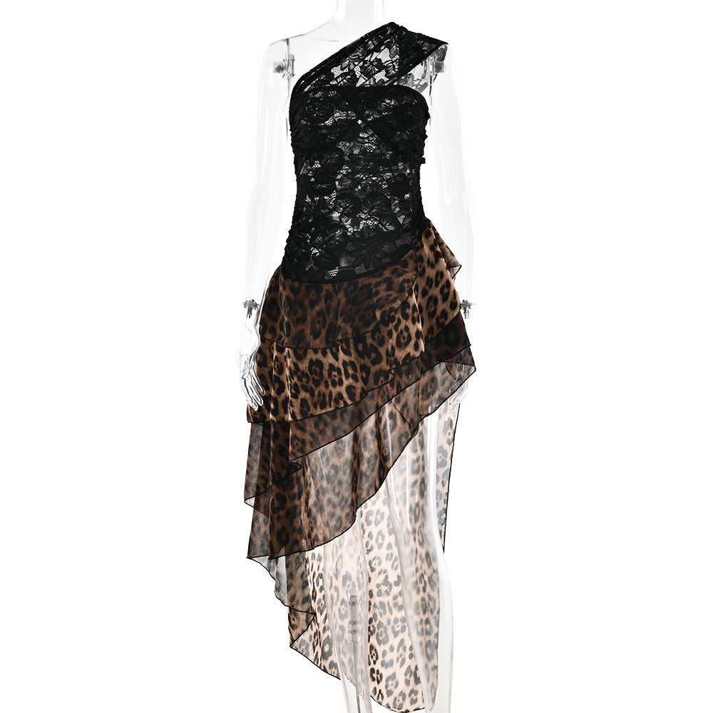 Sexy Leopard Print Chiffon Dress Sexy Backless Lace Stitching Dress by Ragazza