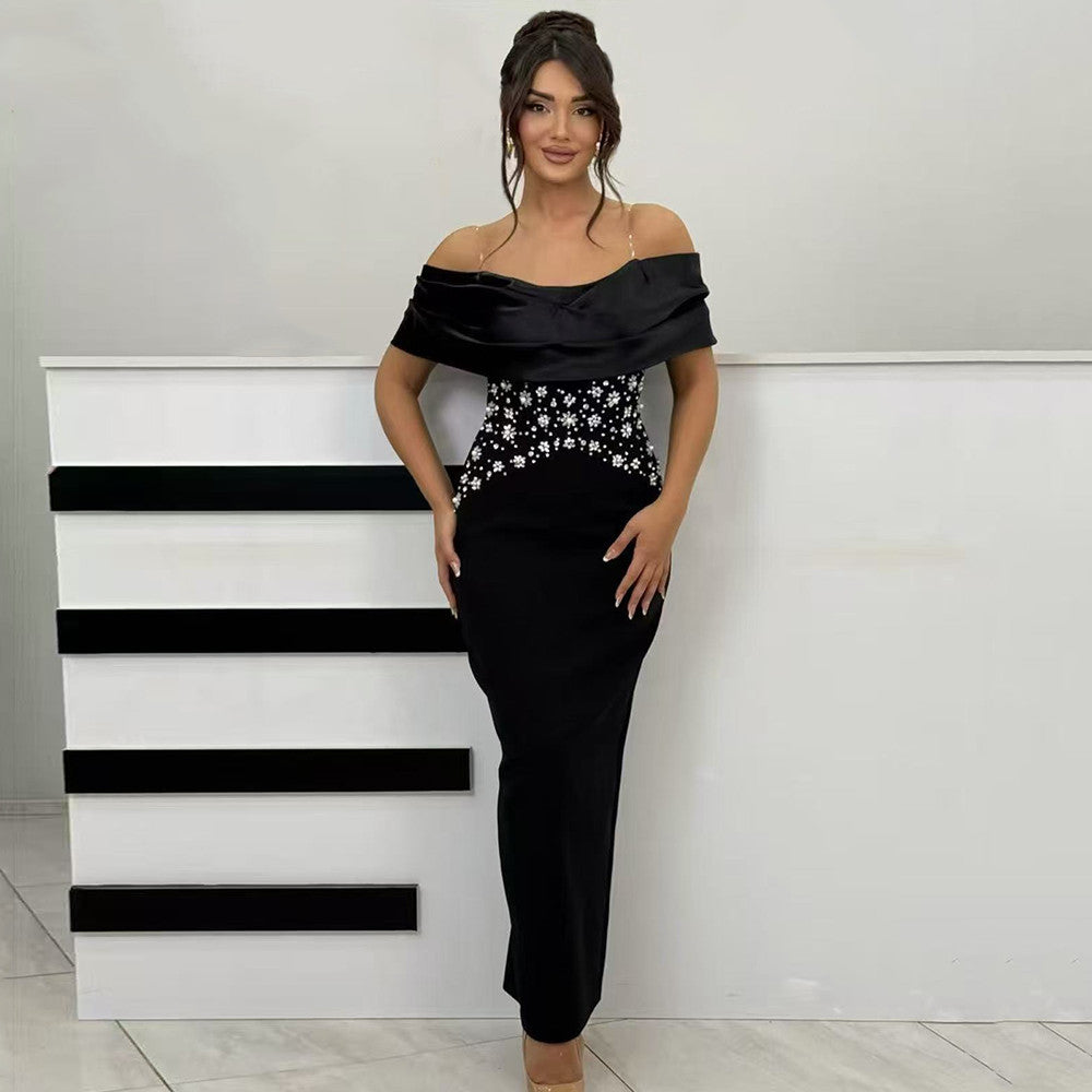 Elegant Slim Fit off Neck Splicing Beads Diamond Embedded Bandage One Piece Dress Party Gathering Dress Group
