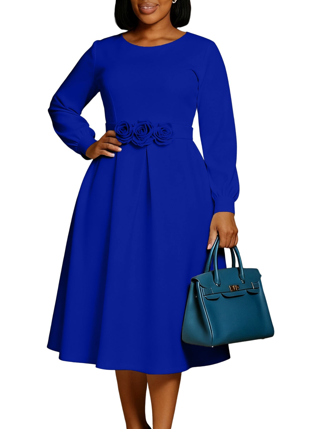Women Clothing Autumn Winter Dress Solid Color round Neck Floral Swing Dress