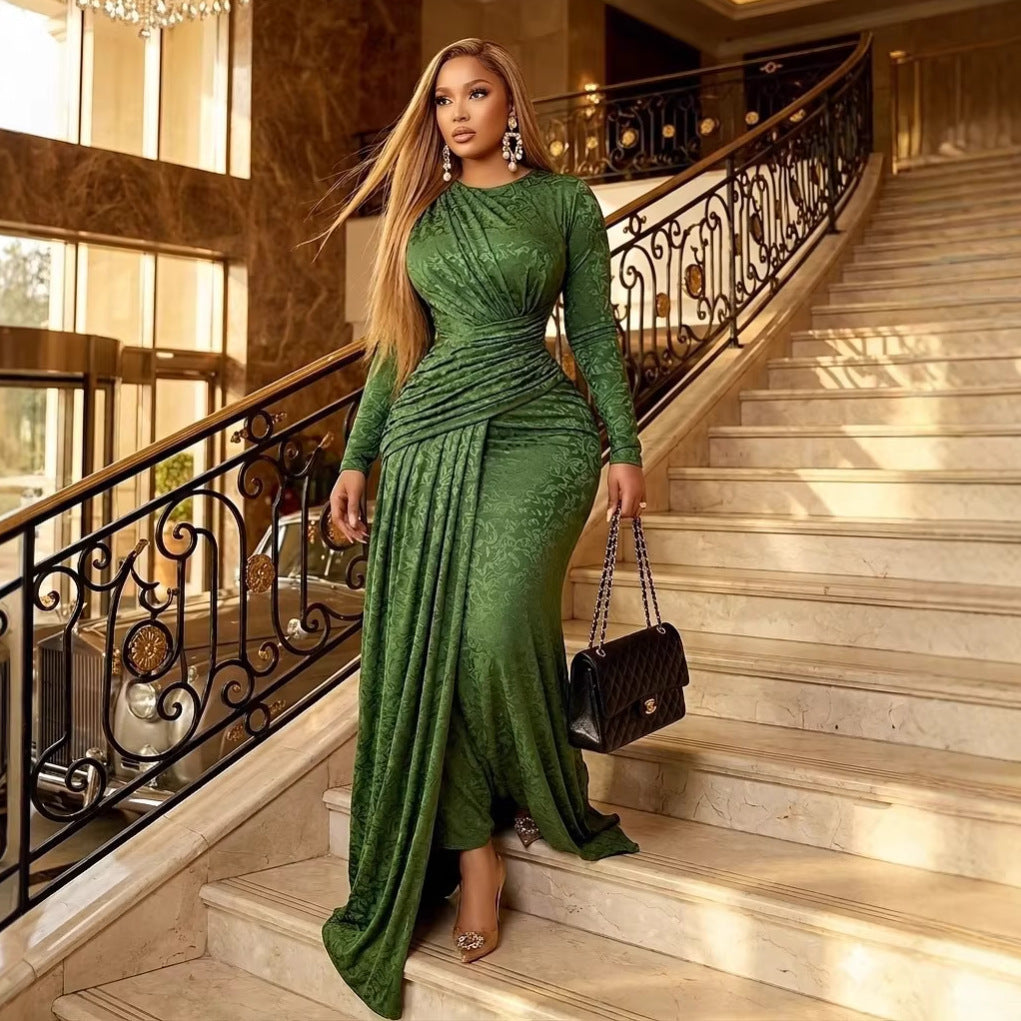 Women Clothing Spring Elegant Pleating Slim Printed Sheath Maxi Dress by Ragazza