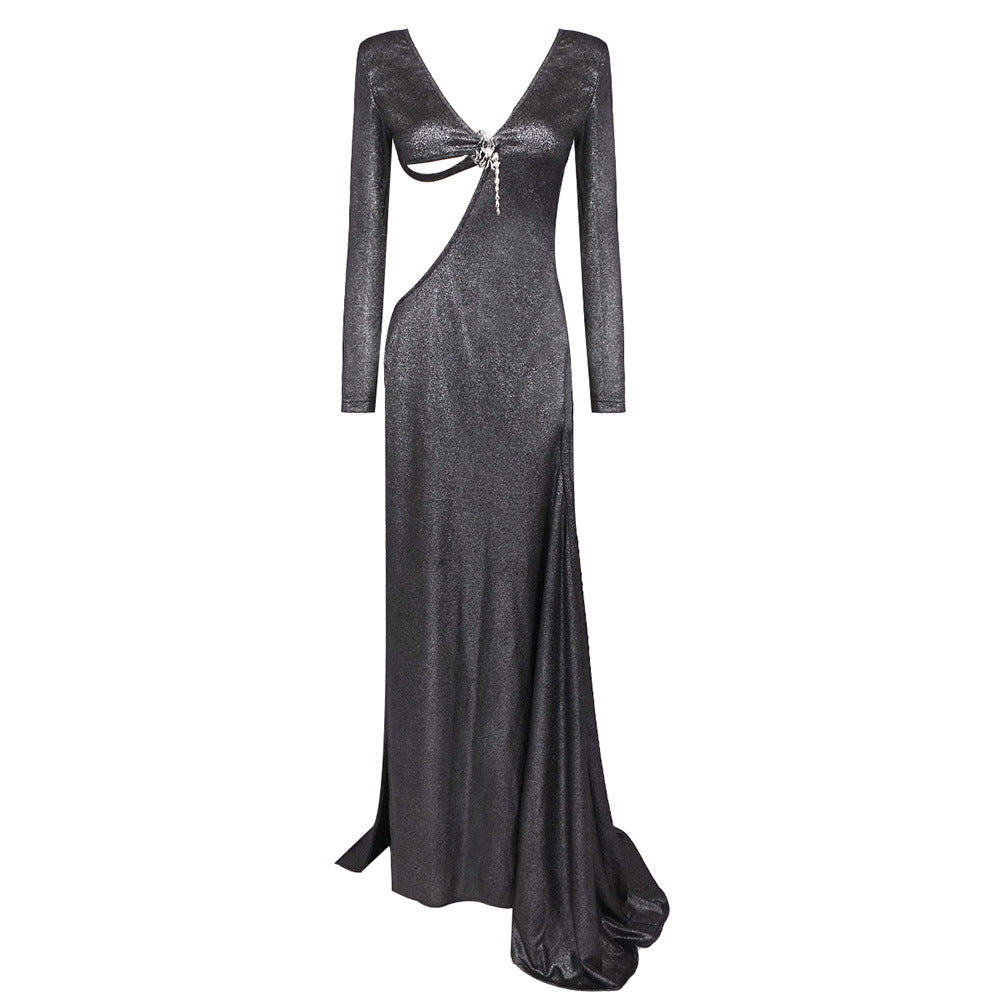 Black Cut out High Elastic Knitted Dress Dress Evening Dress Irregular Asymmetric Sexy Slim Fit