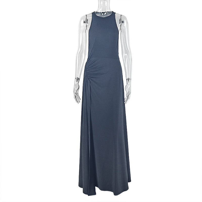 Women Clothing Fitted Waist Pleated Design Hip Dress Round Neck Sleeveless Dress