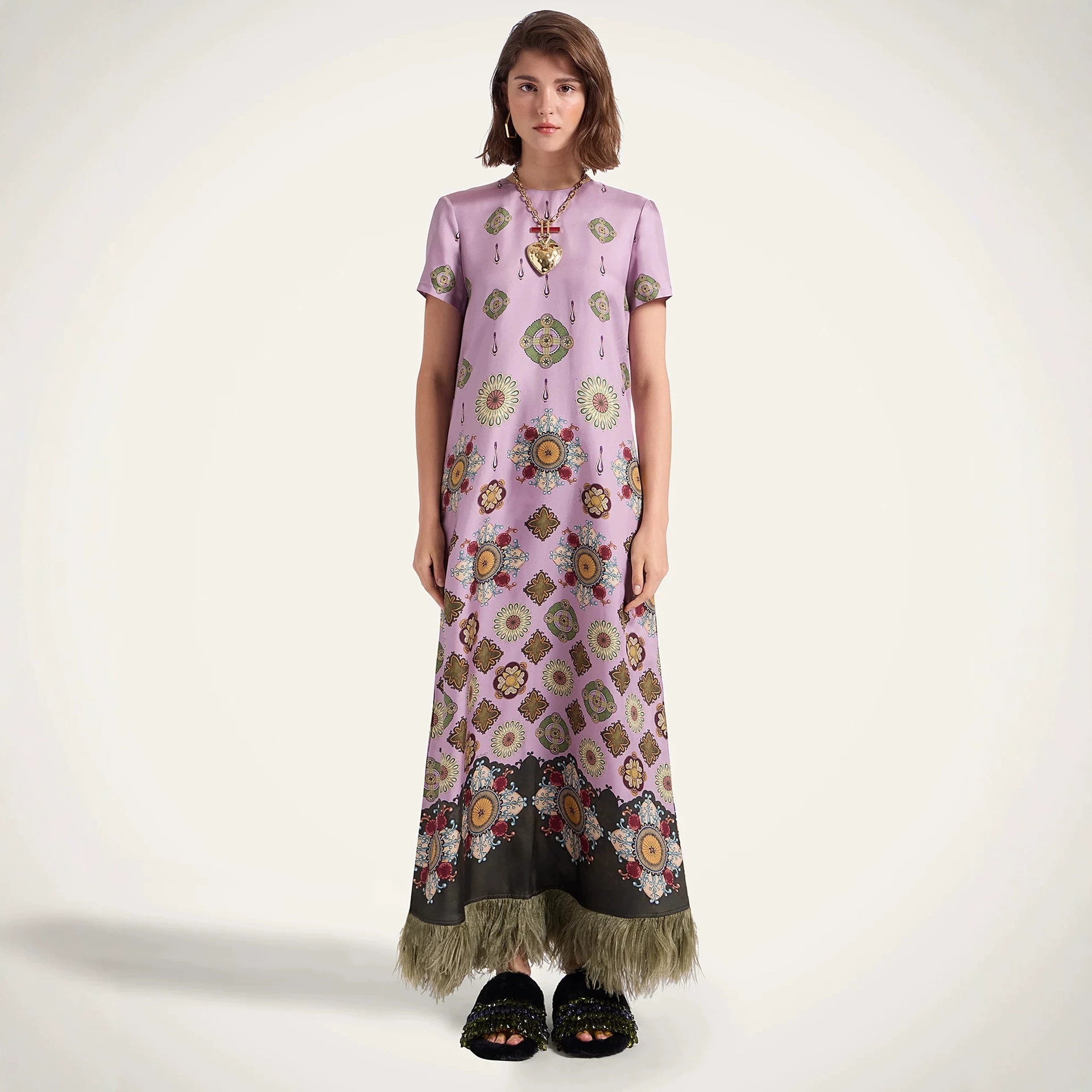 Spring Summer Satin Positioning Printed Feather Dress Short Sleeve Loose Dress for Women by Ragazza
