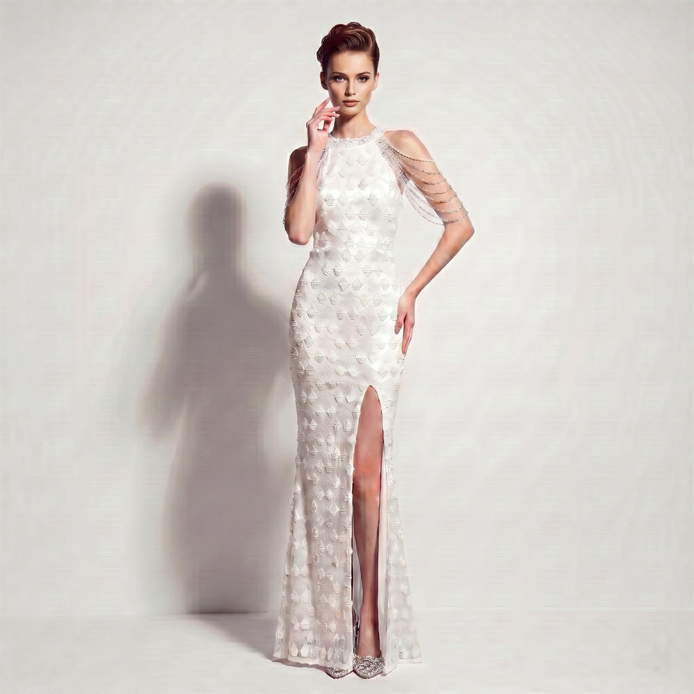 Evening Dress Sequ High Slit Tassel Shoulder Chain Cocktail Party Long Dress by Ragazza