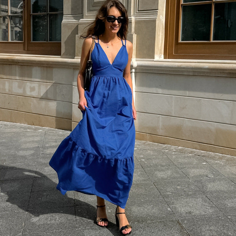 French Vacation Blue Cotton Linen V neck Strap Backless Dress Spring Summer Dress