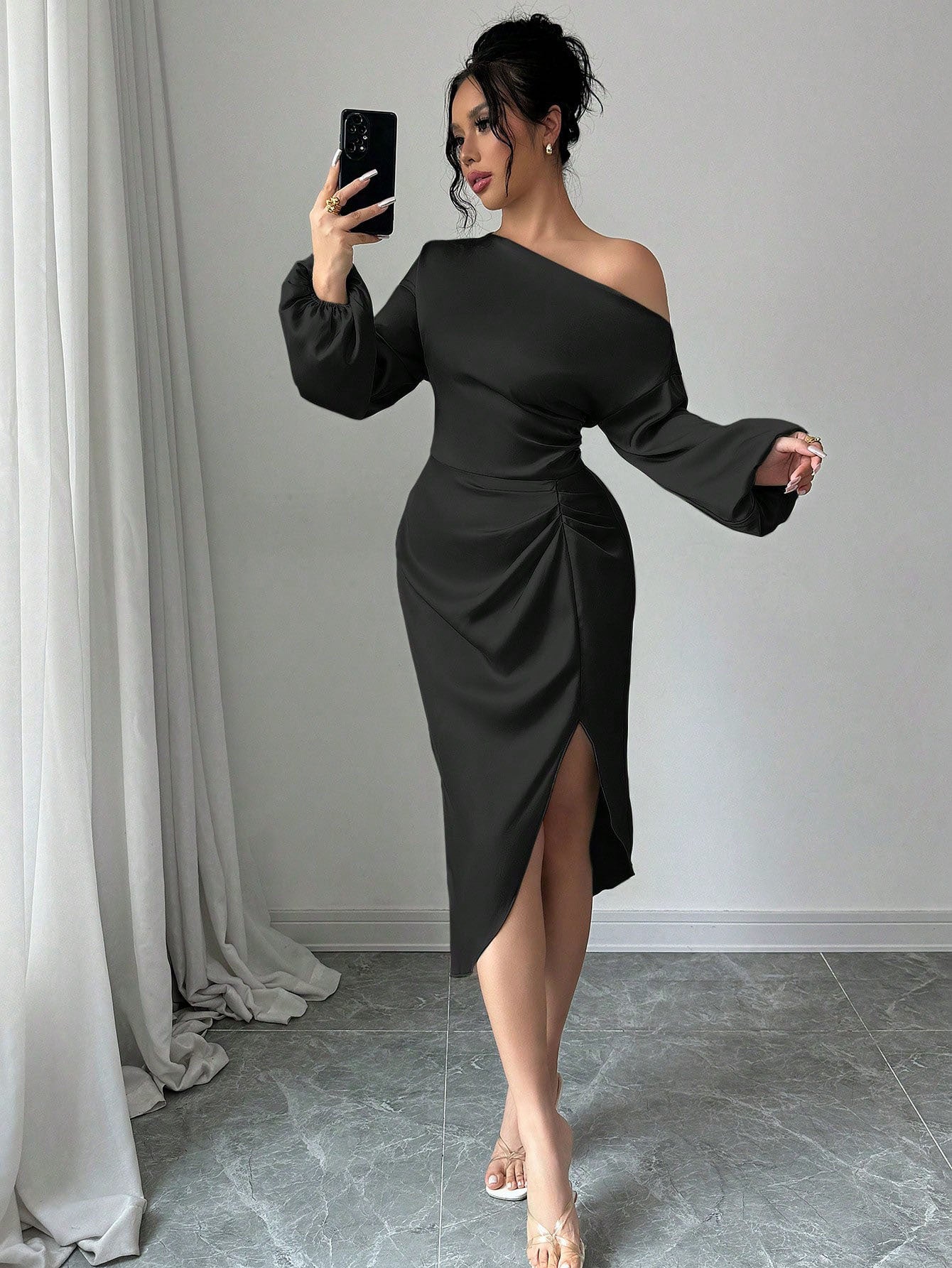One Shoulder Cold Shoulder Long Sleeve Dress Fitted Waist Pleated Irregular Asymmetric Slit Midi Dress Elegant Evening Dress by Ragazza