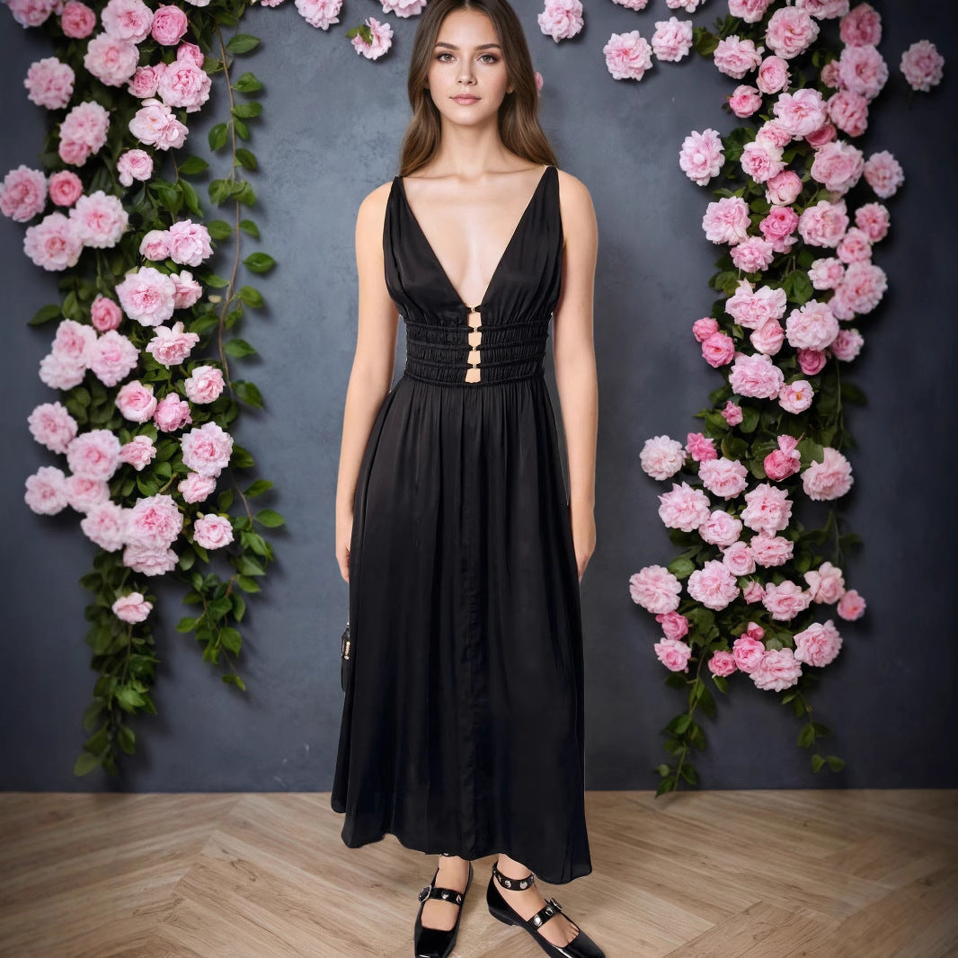Elegant Sleeveless Deep V Plunge Black Camisole Maxi Dress Elegant High Grade Formal Dress Women Dress by Ragazza