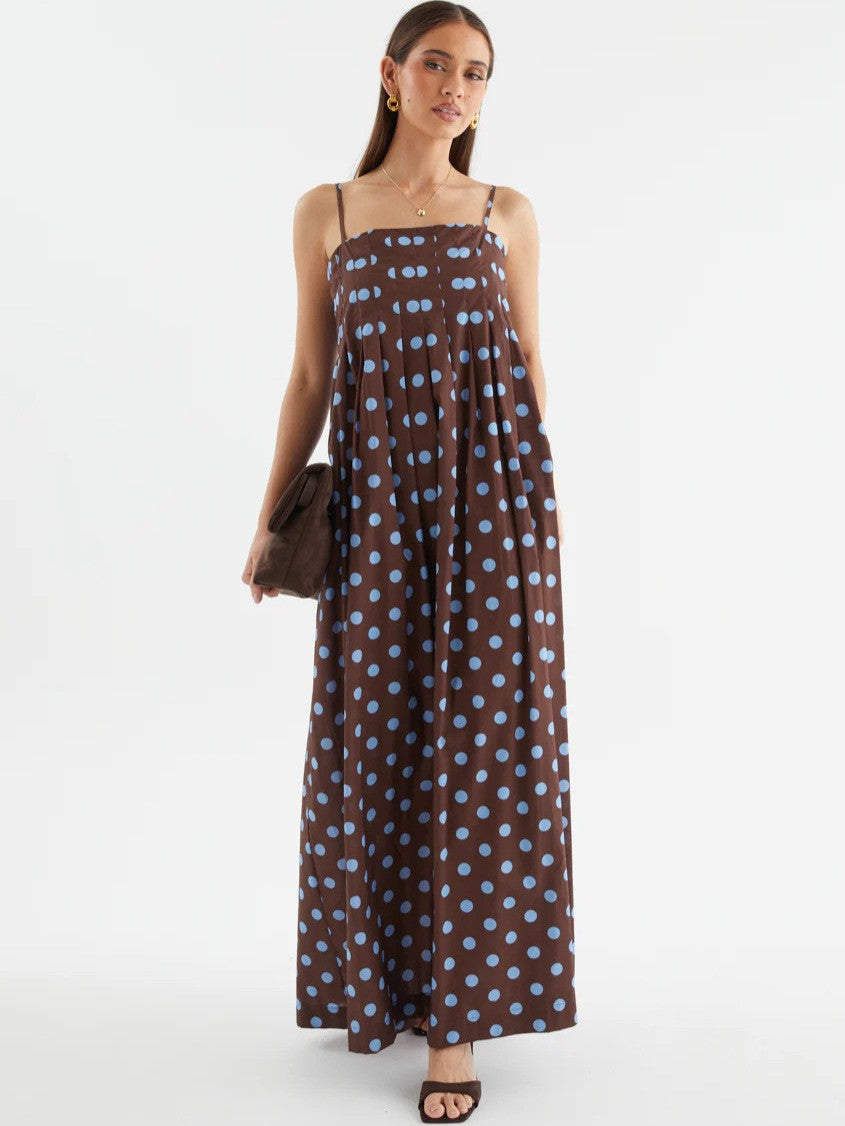 Summer Polka Dot Printed Pleated Craft Sweet Spaghetti Strap Mid Length Dress