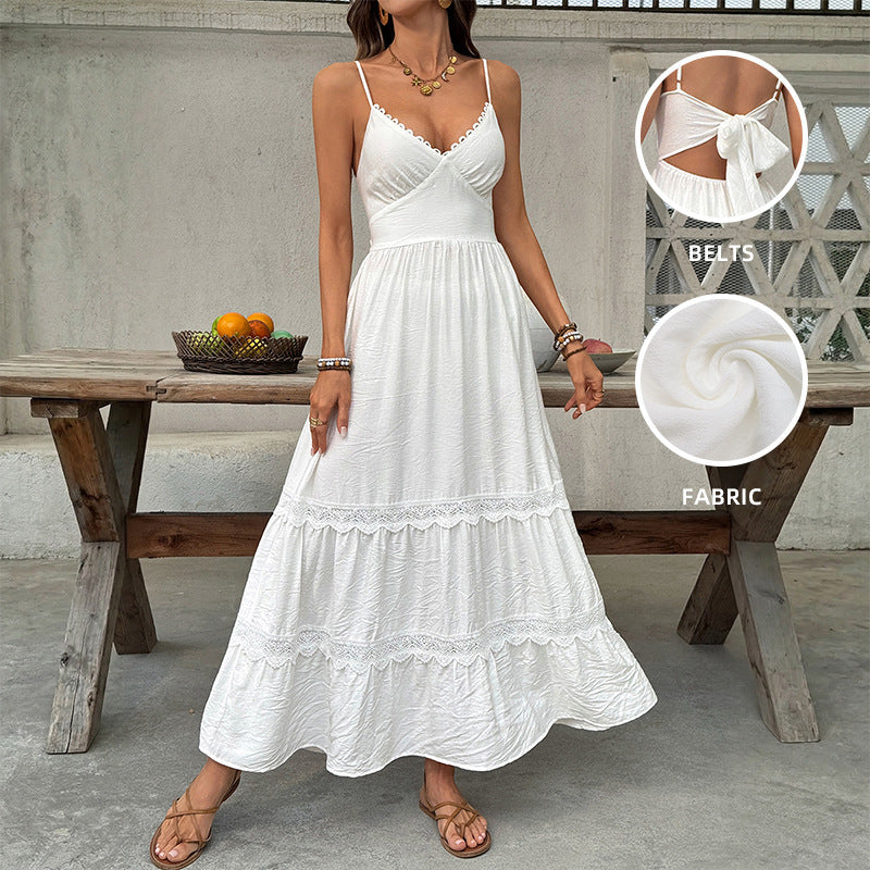 Simple Vacation White Lace Sling Cake Large Swing Dress by Ragazza