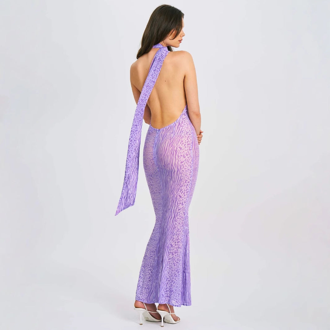 Lace up Bare Back Sexy Halter High Waist See through Mesh Slim Fit Oblique Shoulder Dress by Ragazza