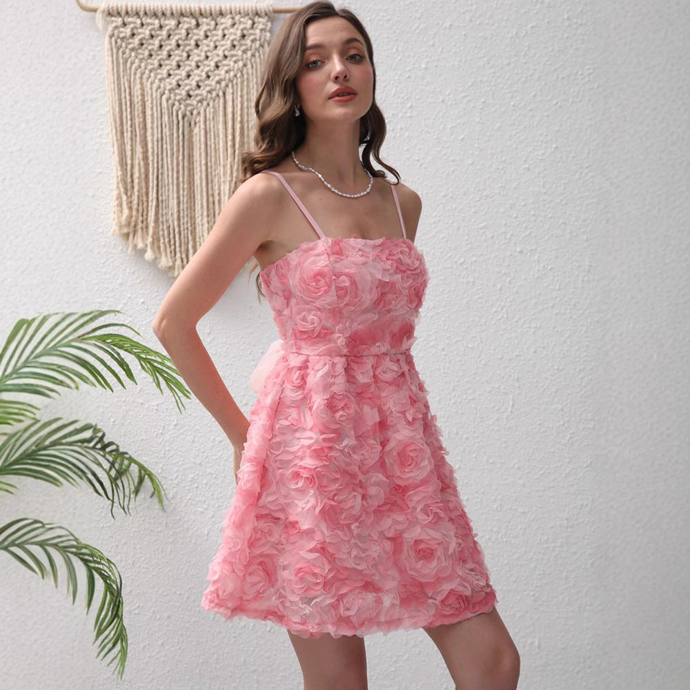 Summer Three Dimensional Rose Embroidered Sweet Elegance Suspender Strap Bow Dress for Women by Ragazza