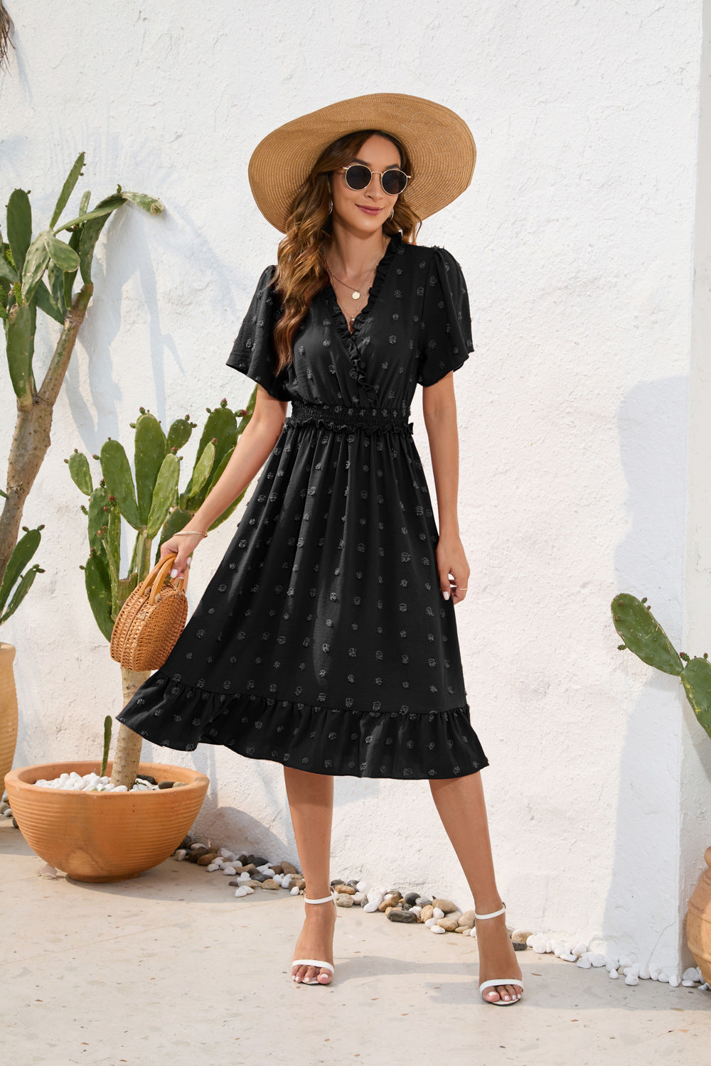 V neck High Waist Tied Dress Fur Ball Short Sleeve Dress Casual Vacation Travel Dress