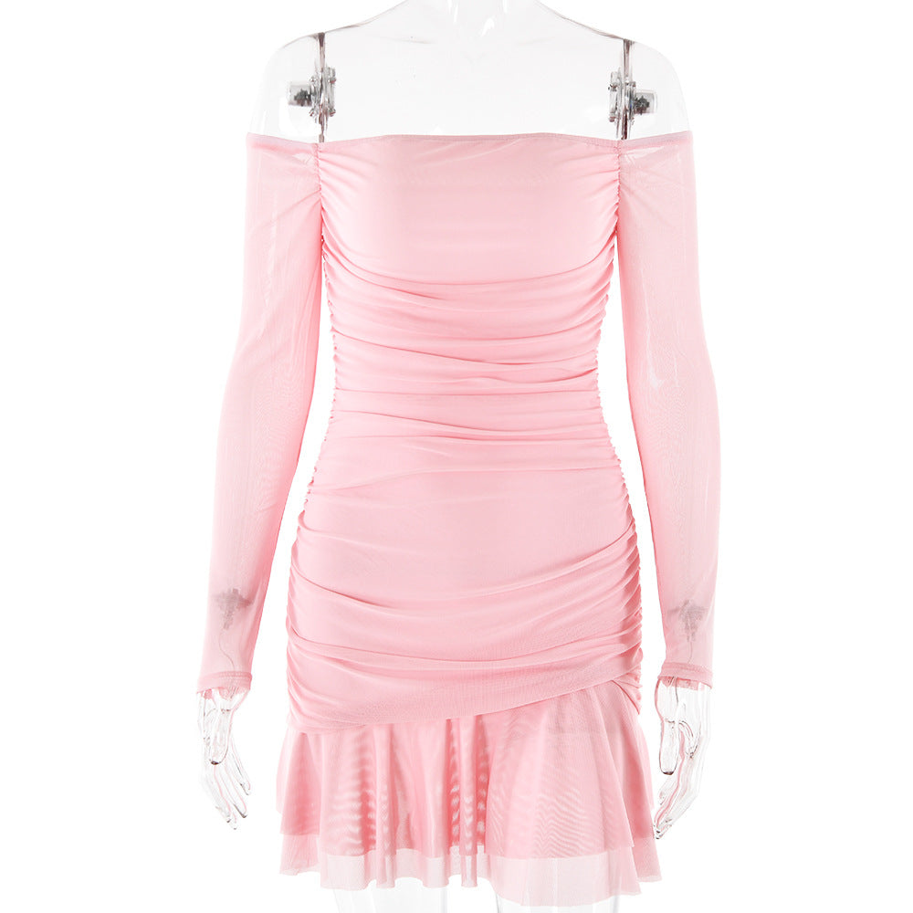 Autumn Sexy Pleated Tube Top Dress Long Sleeve Sexy Slim Fit by Ragazza
