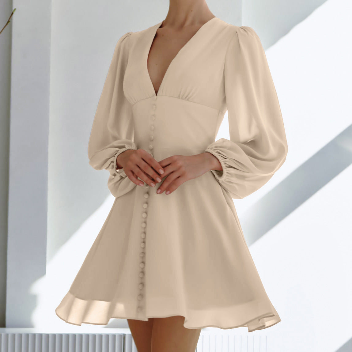 French Chiffon V neck Waist Tight Atmosphere Feeling Tong Qin Dress Autumn Arrival Short by Ragazza