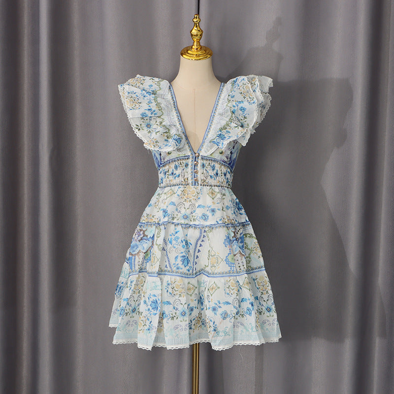 Summer Elegant Retro Fashionable Flying Sleeves Printed Deep V Plunge neck Waist Slimming Dress by Ragazza