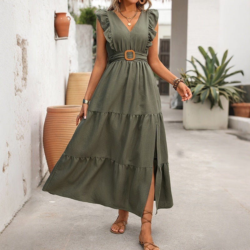 Casual Retro Solid Color Texture Ruffled Split Dress by Ragazza