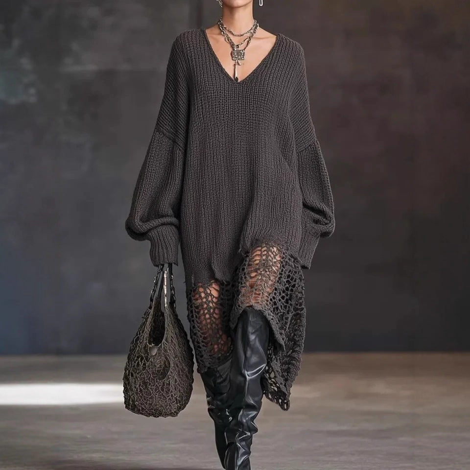 V neck Knitted Dress Irregular Asymmetric Hem Hollow Out Cutout out Loose Dress