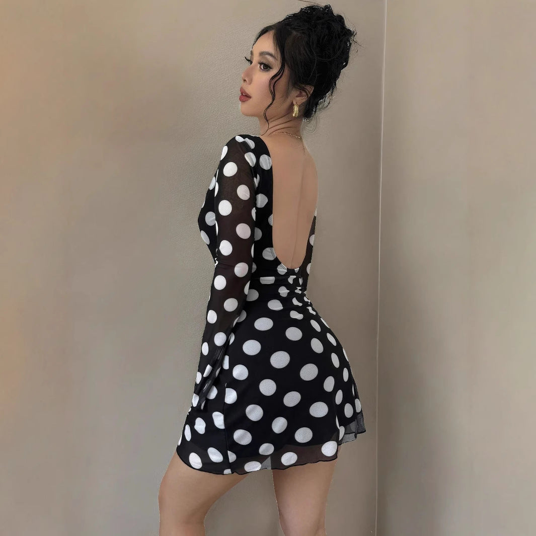 Spring Summer Lady Sexy Polka Dot Backless Mesh Flare Sleeve Mini Dress