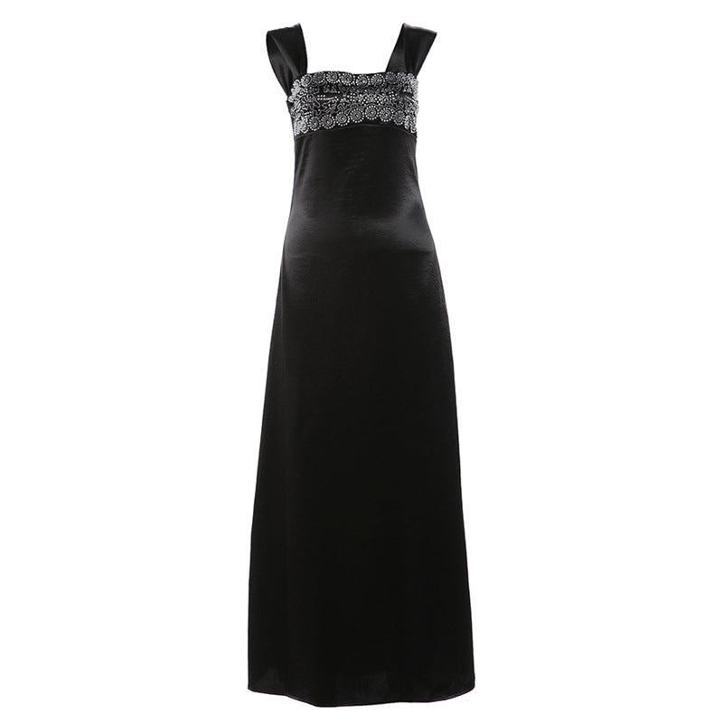 Autumn Winter Women Elegant Strap Tube Top Backless Rhinestone Waist Tight Maxi Dress for Women