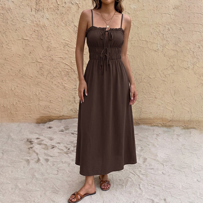 Simple Retro Solid Color Drawstring Waist Trimming Spaghetti Straps Dress by Ragazza