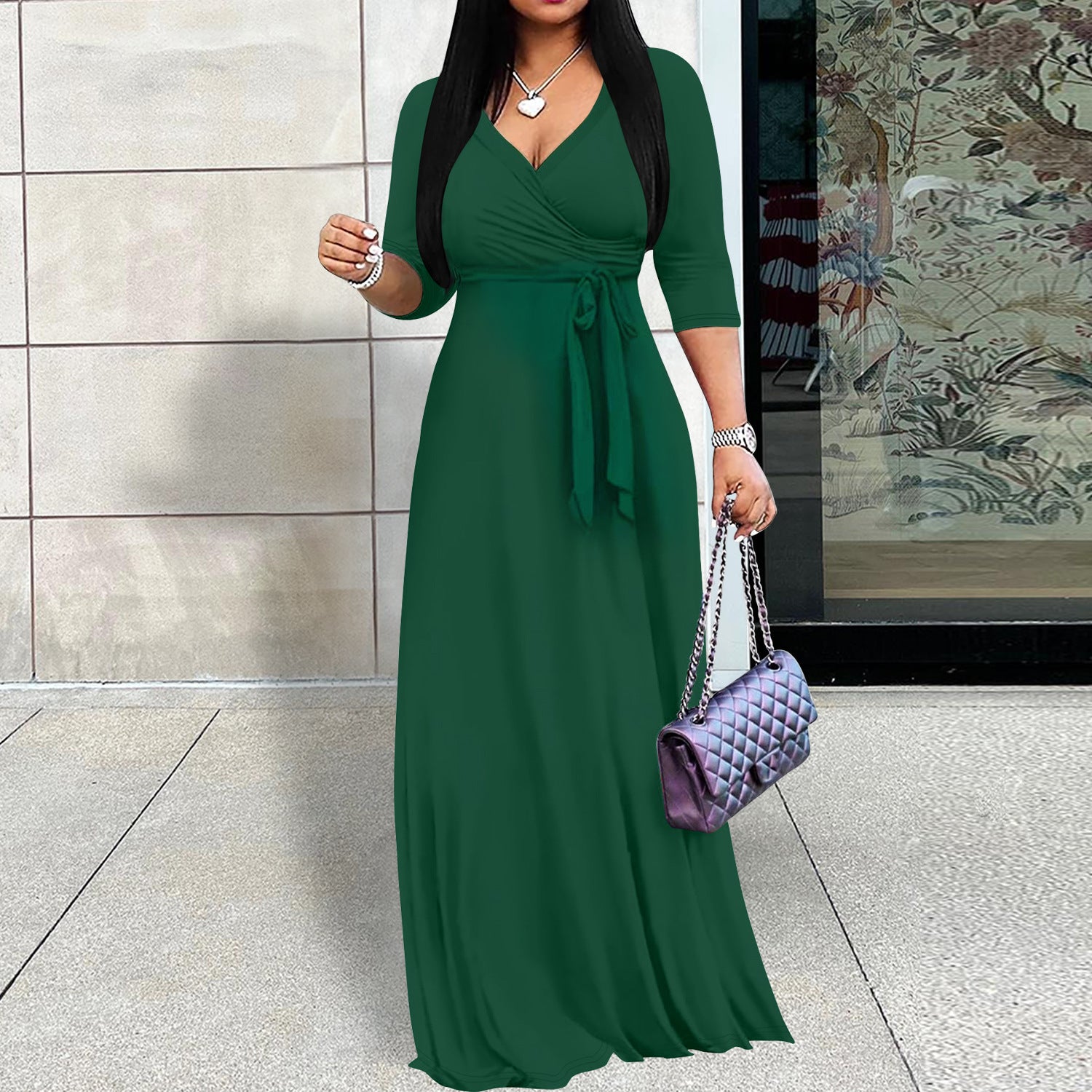 Women Clothing Spring Summer Elegant Solid Color V neck Waist Half Sleeve Maxi Dress