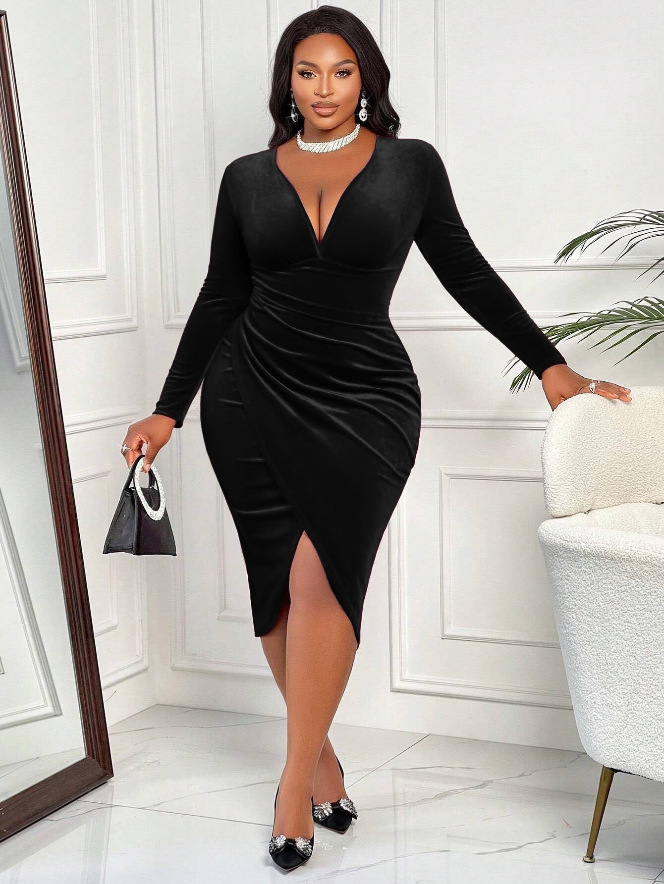 Velvet Dress Deep V Plunge neck Long Sleeve Pleated Waist Tight Split Slimming Christmas Sheath Dress by Ragazza