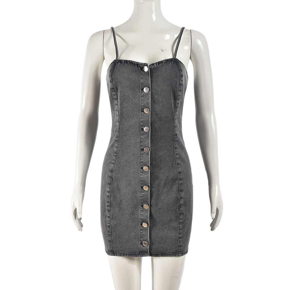 Stretch Denim Dress Single Breasted Corset Sexy Sling Denim Distressed Short Hip Dress