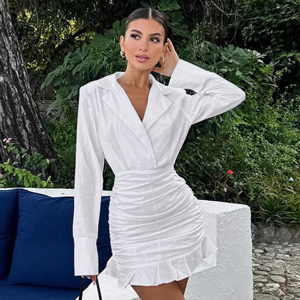 Spring White Cotton Linen Slim Fit Slimming Flounce Dress by Ragazza