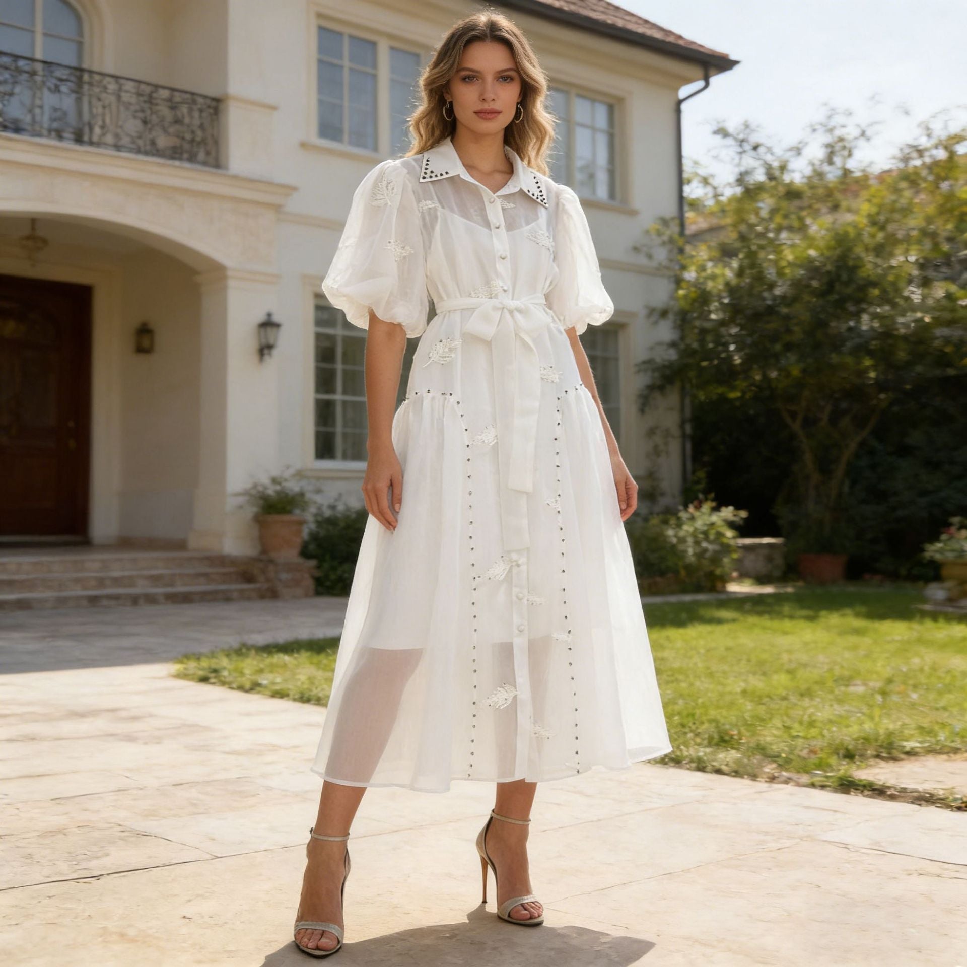 Spring Puff Sleeve Solid Color Waist Tight Collared Patchwork Maxi Dress Two Piece Elegant Dress for Women by Ragazza