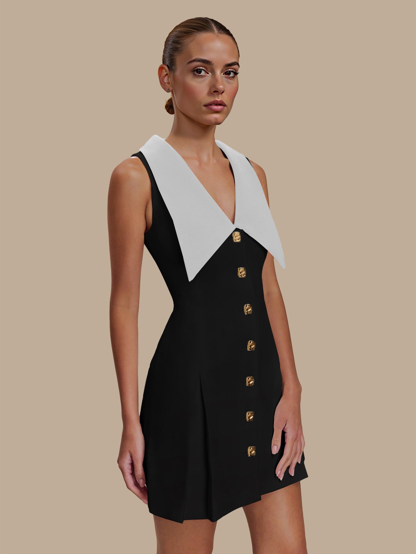 Socialite Large Collared Metal Buckle Sleeveless Waist Controlled Slimming Tuxedo Dress High Grade
