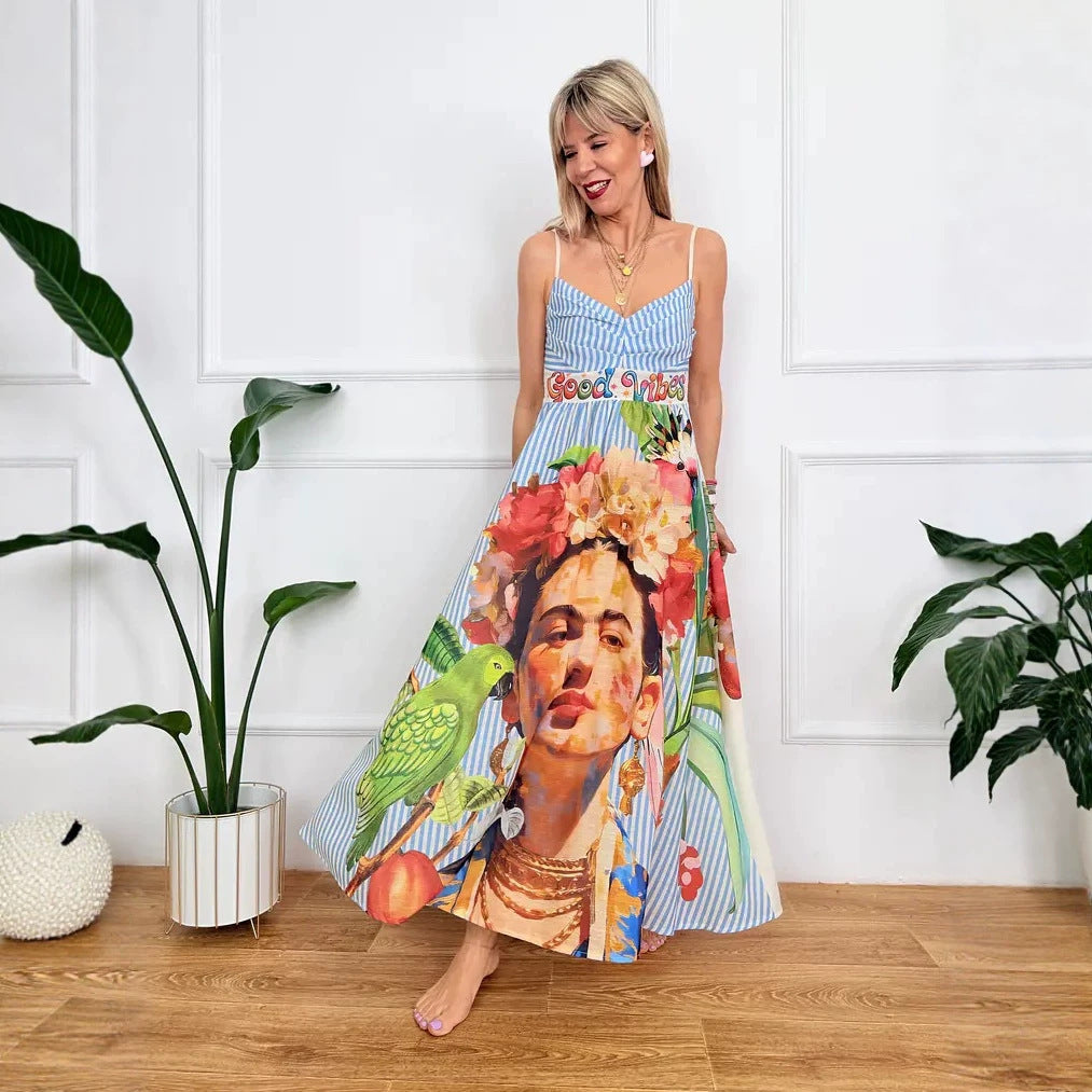 Dress Positioning Printed V neck A Swing Strap Dress for Women by Ragazza