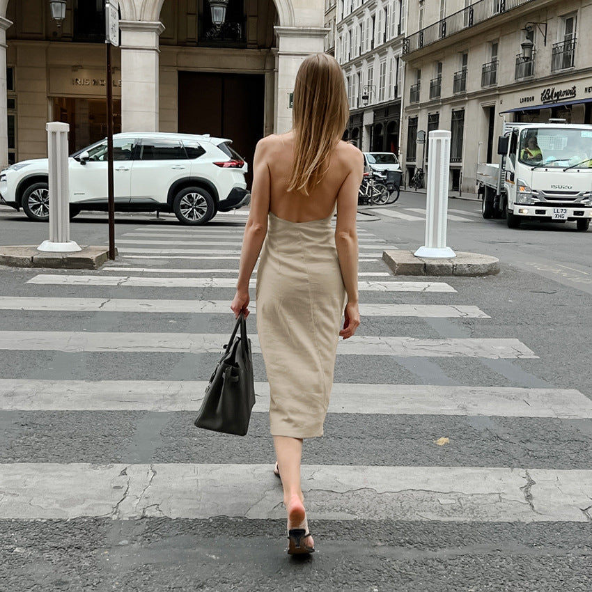 French Khaki Cotton Linen Slim Fit Waist Tight Dress Spring Summer Midi Dress for Women by Ragazza