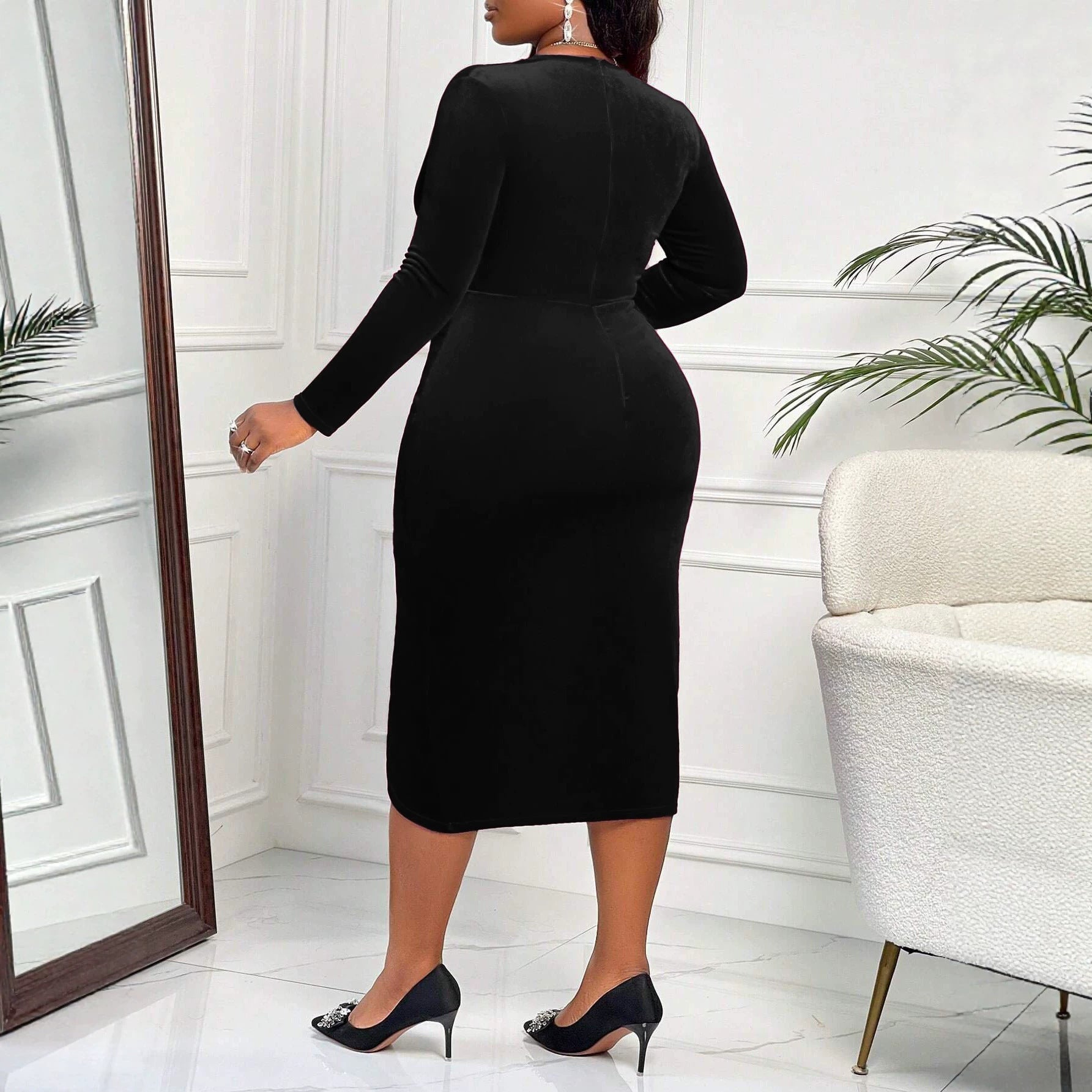 Velvet Dress Deep V Plunge neck Long Sleeve Pleated Waist Tight Split Slimming Christmas Sheath Dress by Ragazza