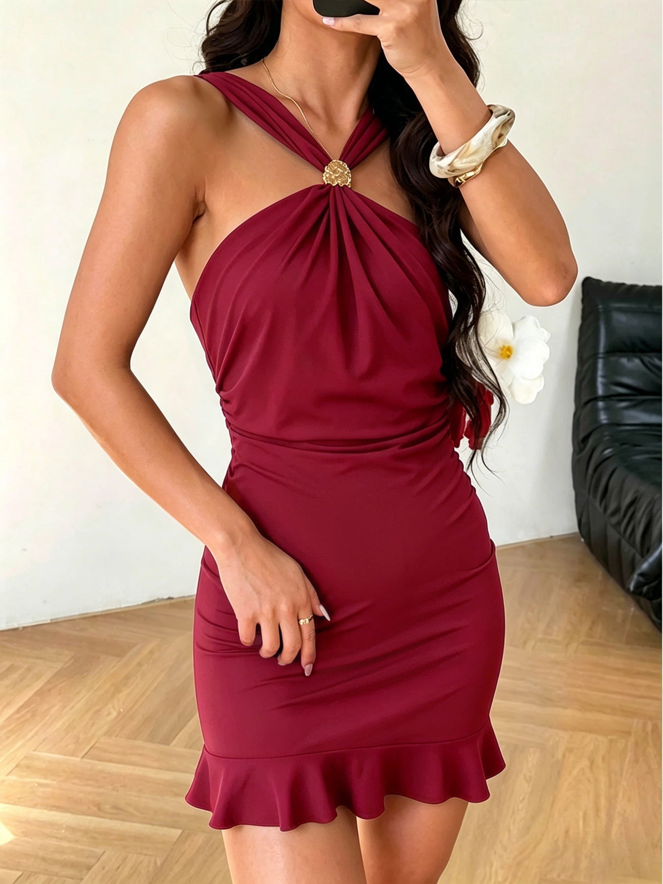 Dignified Sense Design Dress Women Fitted Waist Pleated Hip Dress Ruffled Slim Fit Slimming Dres by Ragazza